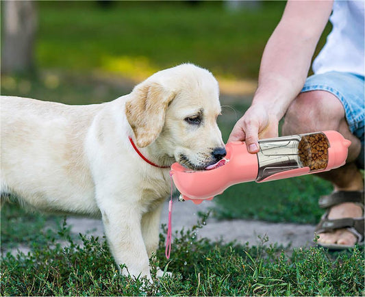 3-in-1 Portable Dog Water Bottle – Feeder, Bowl & Waste Bag Storage