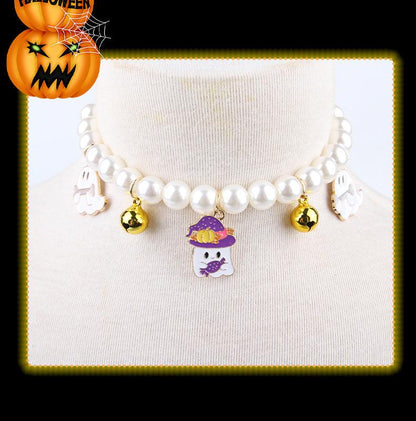 3-Piece Pearl Necklace Set for Pets – Halloween Cat & Dog Bell Neck Ornaments for Festive Fun - Giggle & Purr