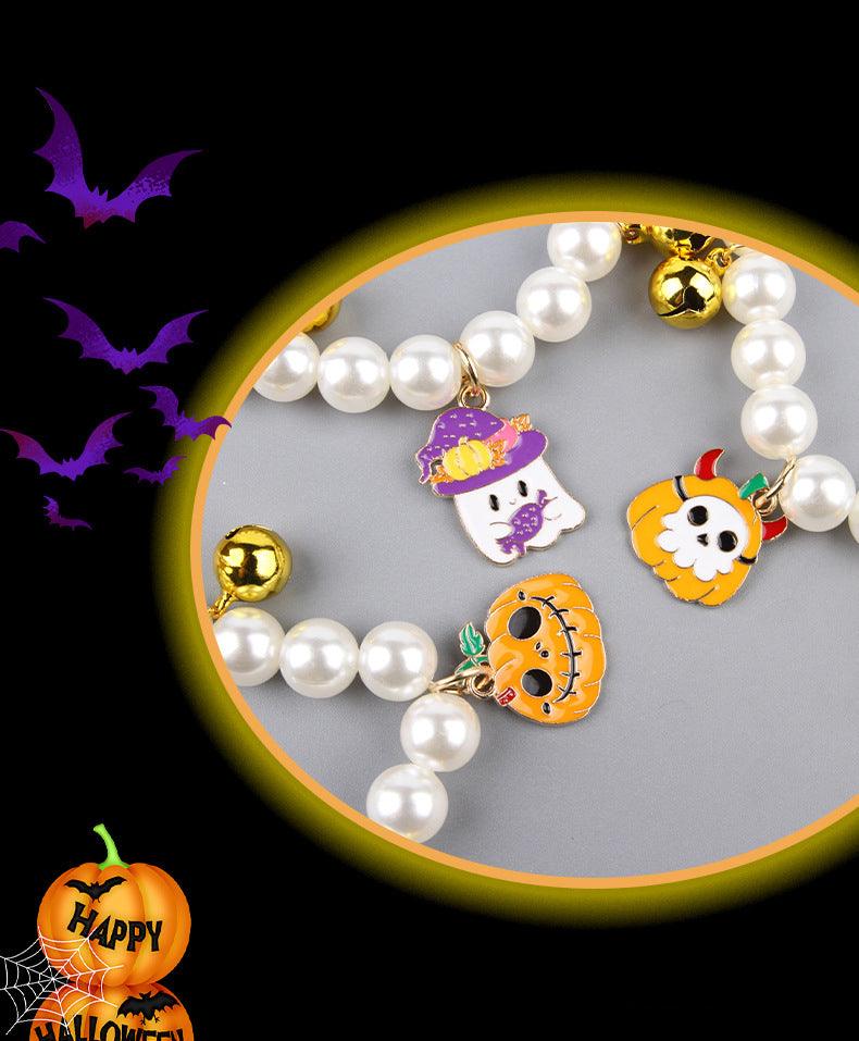 3-Piece Pearl Necklace Set for Pets – Halloween Cat & Dog Bell Neck Ornaments for Festive Fun - Giggle & Purr