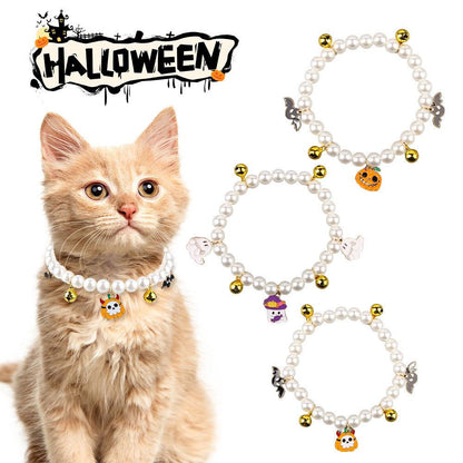 3-Piece Pearl Necklace Set for Pets – Halloween Cat & Dog Bell Neck Ornaments for Festive Fun - Giggle & Purr